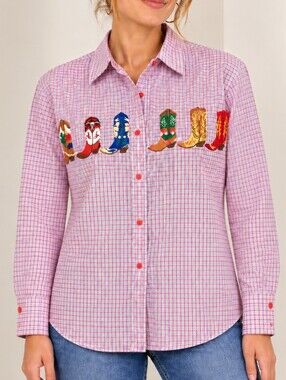 Western Cowboy Boot Embroidered Gingham Button-Up Shirt Pink & White Size Medium